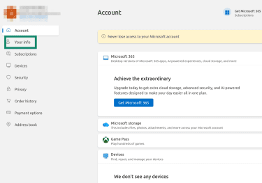 Microsoft account dashboard with Your info section in menu.