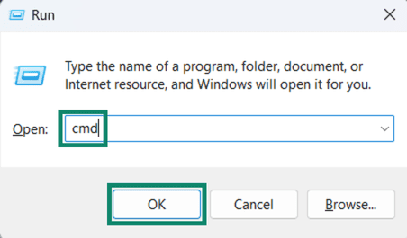Opening the Command Prompt through the Run command window on Windows.
