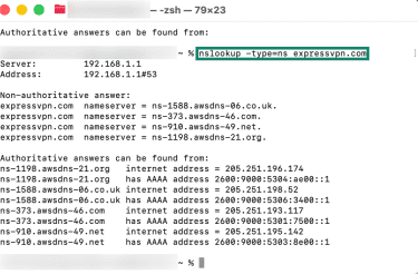 Looking up Name Server record using nslookup.