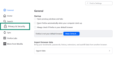 Firefox General settings page highlighting the Privacy & Security tab in the left sidebar.