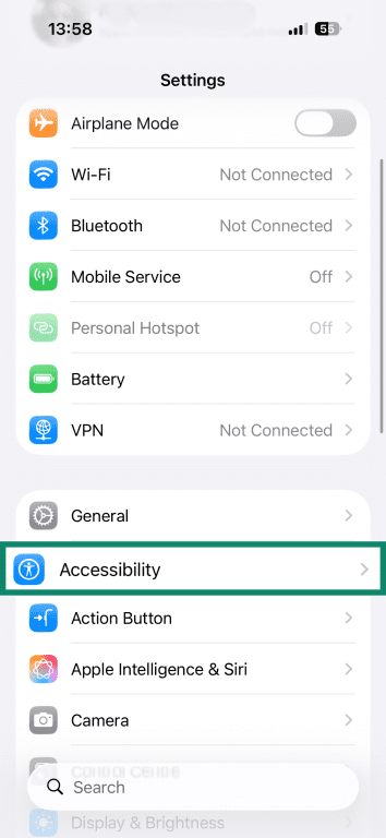 iOS settings app.