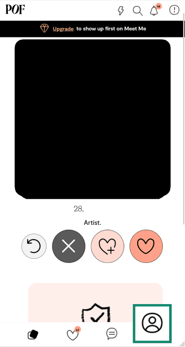 Accessing the user profile through the bottom navigation bar on the Plenty of Fish mobile website.