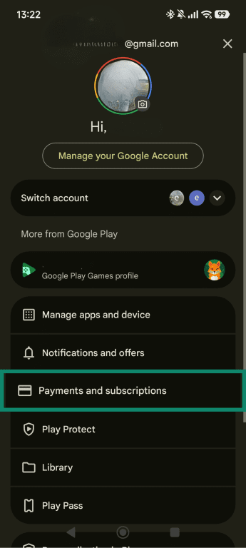 Select Payments & subscriptions from the Google Play menu.