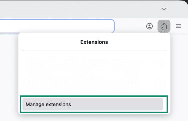 Firefox's Extensions pop-up with the Manage extensions button highlighted.
