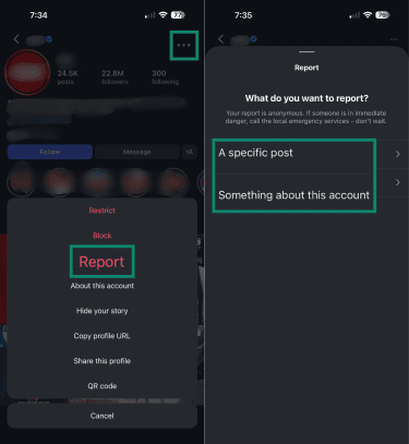 How to report a message or chat in Instagram Direct.