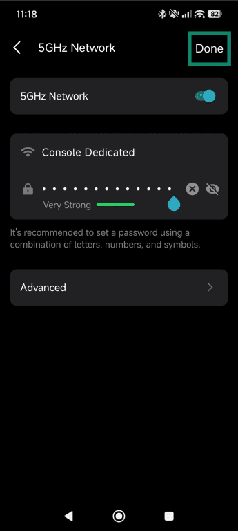 TP-Link mobile app's 5GHz Network settings with the Done option highlighted.