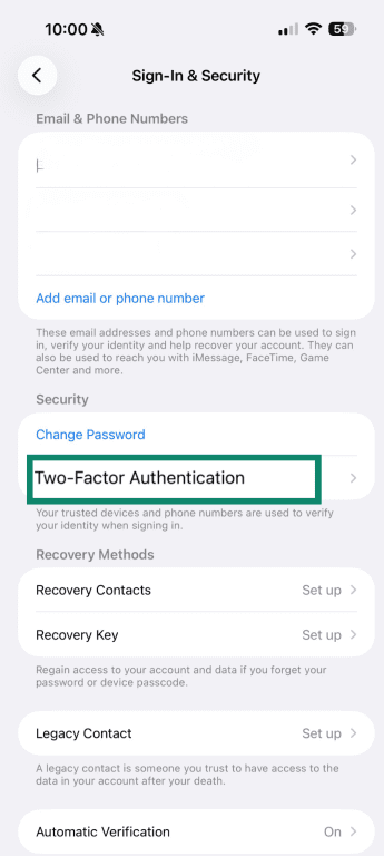 Two-factor authentication settings on iPhone.