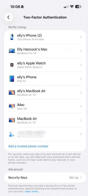 List of verified devices for two-factor authentication on iPhone.