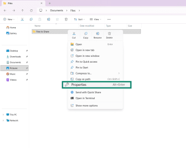 A folder in Windows File Explorer, showing the right-click menu and Properties option.