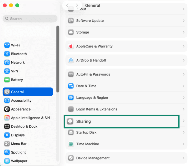 The general tab of the Mac settings, showing the sharing option.