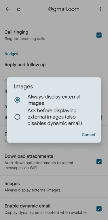 Gmail mobile account settings with the Images options dialog open.