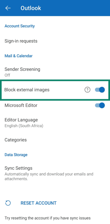 Outlook mobile settings with Block external images toggled on.