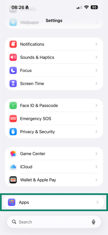 iPhone Settings screen with the Apps option highlighted