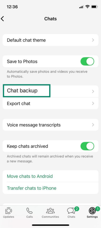 Chats settings screen on iPhone with Chat backup option highlighted
