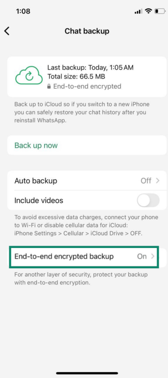iPhone Chat backup screen showing incomplete iCloud backup and End-to-end encrypted backup option turned on