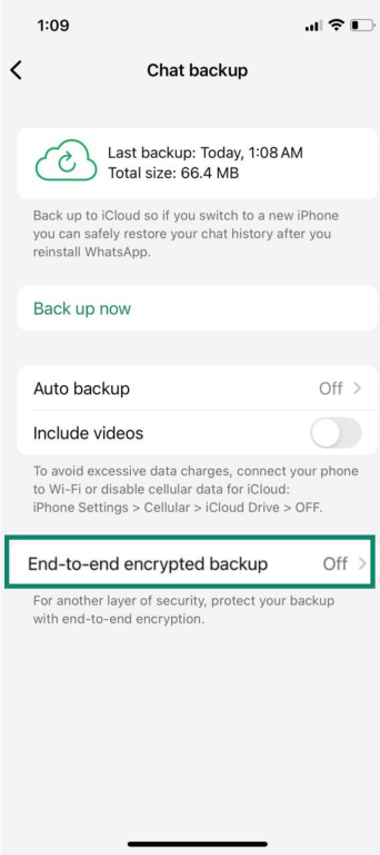 iPhone Chat backup screen with end-to-end encrypted backup switched off