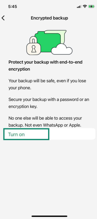 Encrypted backup screen on iPhone showing Turn on option for end-to-end encryption