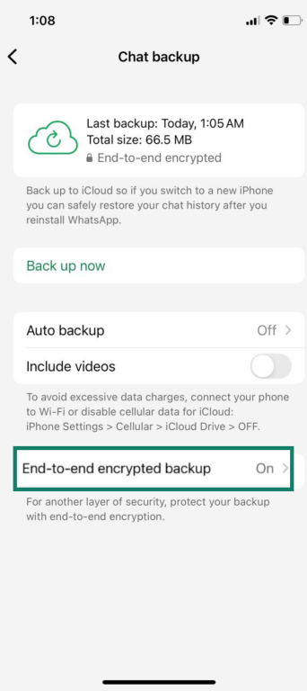 Chat backup in progress on iPhone with End-to-end encrypted backup set to On