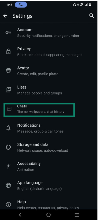 WhatsApp settings screen on Android showing different options