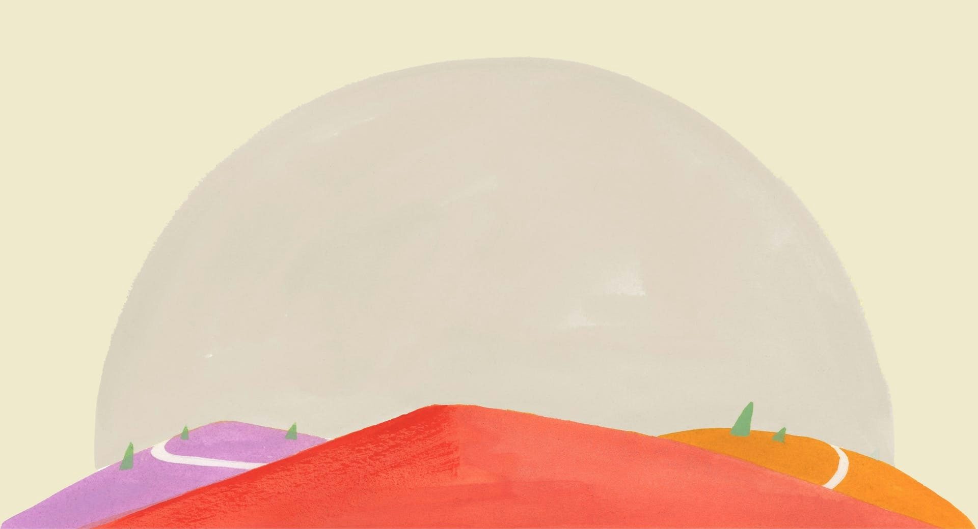 Ілюстрація ExpressVPN із кольоровими доріжками, що ведуть через пагорб, символізуючи безпечне, швидке та глобальне підключення до Інтернету.