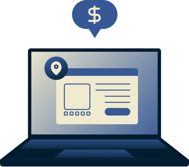 ブラウザのウィンドウにロケーションピンとその上にドルマークが表示されているラップトップ。