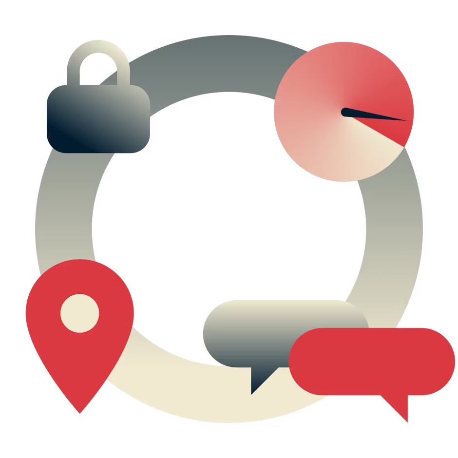 Imagem circular com um cadeado, velocímetro, balões de chat e alfinete de localização.